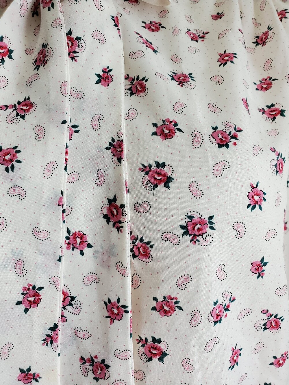 70s Vintage Pussybow Long Sleeve Blouse Micro Polka Dot Paisley Rose Print - Picture 8 of 10